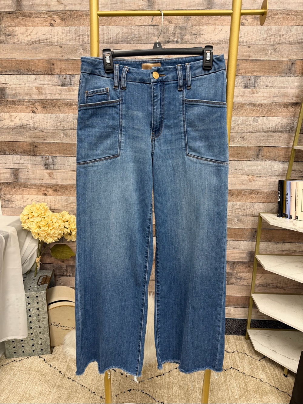 KUT blue jean wide leg cropped with raw hem 8